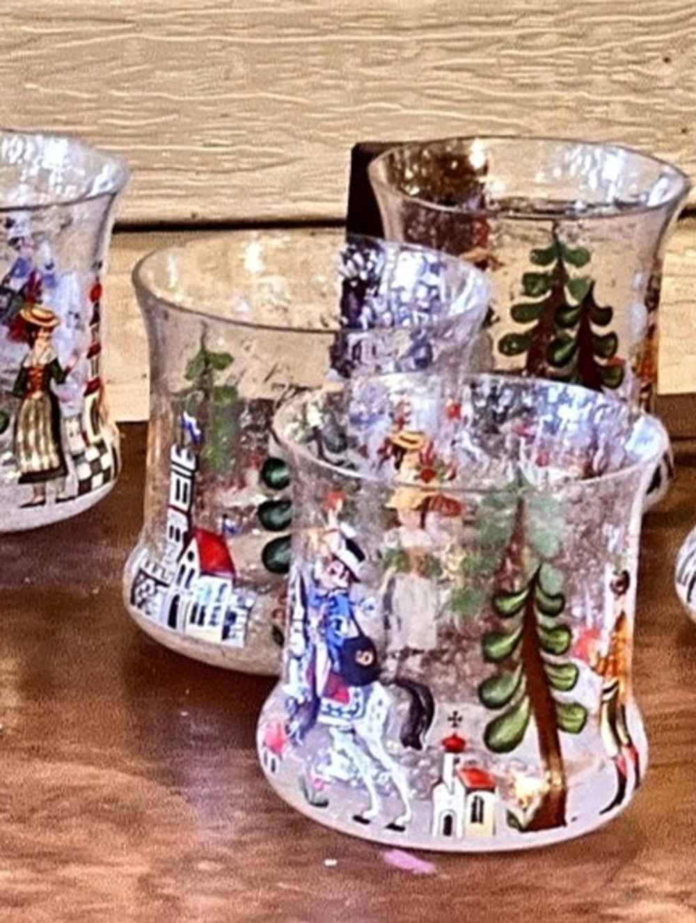 Vintage Hand-Painted Bavarian Alpine Folk Art Crackle Glass Tumblers – Set of 6